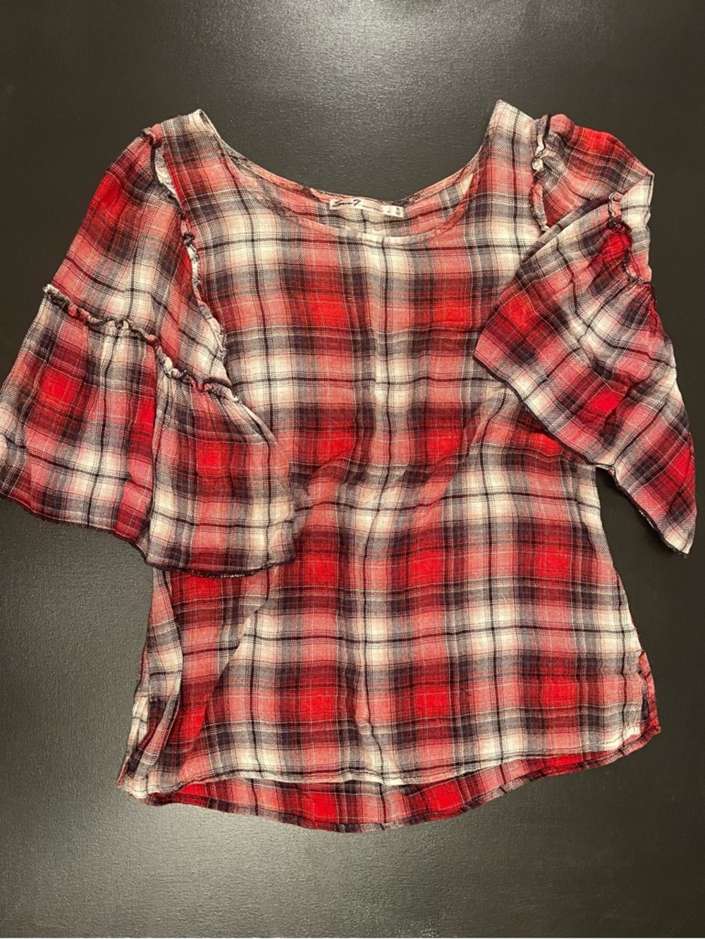 Seven7 Red Plaid Ruffle Sleeve Blouse